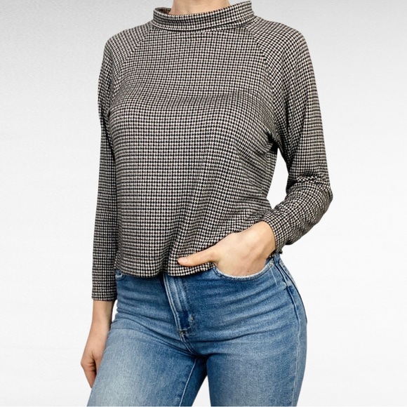 Lou & Grey for LOFT | Brown Black & White Houndstooth Mock Neck Sweater Top - Picture 3 of 7